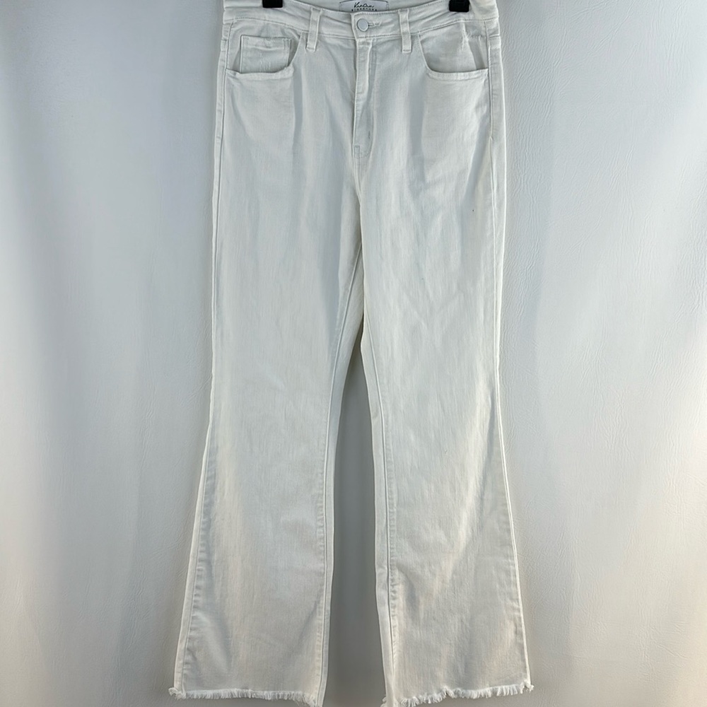 KanCan Signature High Rise Flare Raw Hem White Denim Jeans, 30